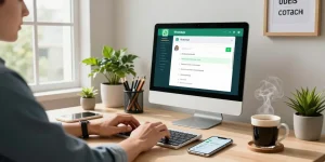 User utilizing WhatsApp電腦版 on desktop computer in a modern home office workspace, promoting productivity in a tech-savvy environment.
