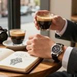 Examining super clone watches at a chic café, showcasing luxury style.