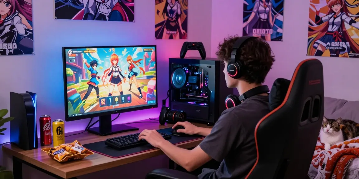Player immersed in a hentai game on a colorful computer setup in a cozy bedroom with anime posters.