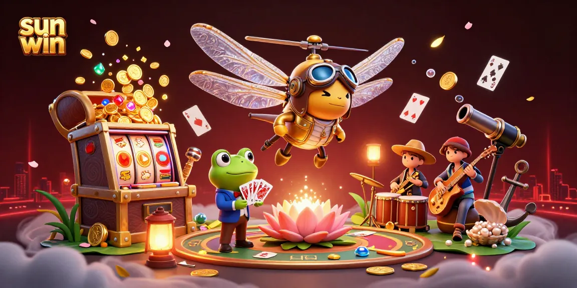 Experience the thrill of sun win with a colorful casino scene featuring lively characters and slot games.