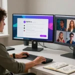 Creative professional developing NSFW AI chatbots in a modern digital workspace.