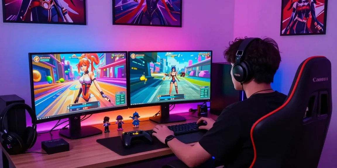 Engaging gamer playing ecchi games on dual monitors with vibrant graphics and colorful lighting.