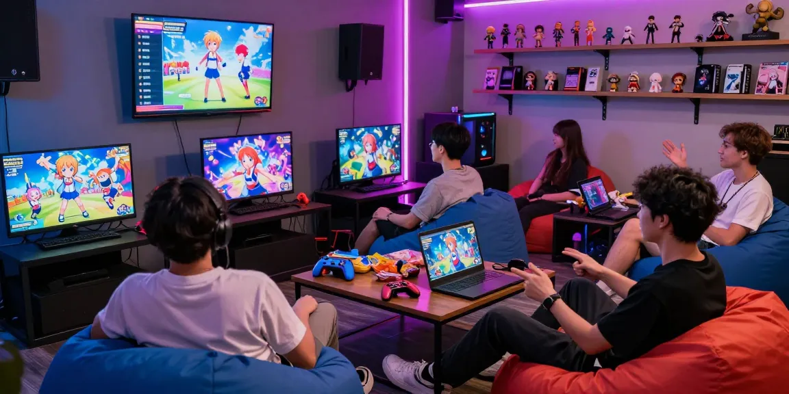 Engaged gamers enjoying an ecchi game experience in a vibrant gaming lounge.