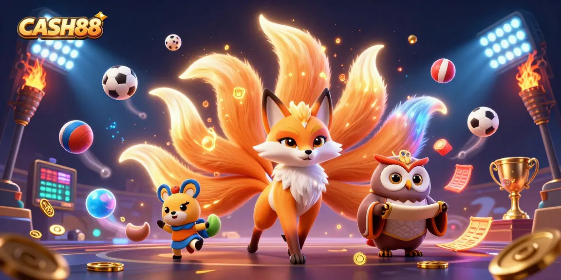 CASH88 presents an engaging 3D scene with a nine-tailed fox and sports elements, providing a vibrant gambling experience.