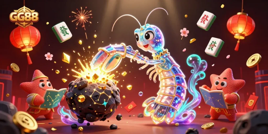 GG88 samurai mantis shrimp punches an asteroid, showering gems and coins in a vibrant casino-themed scene.