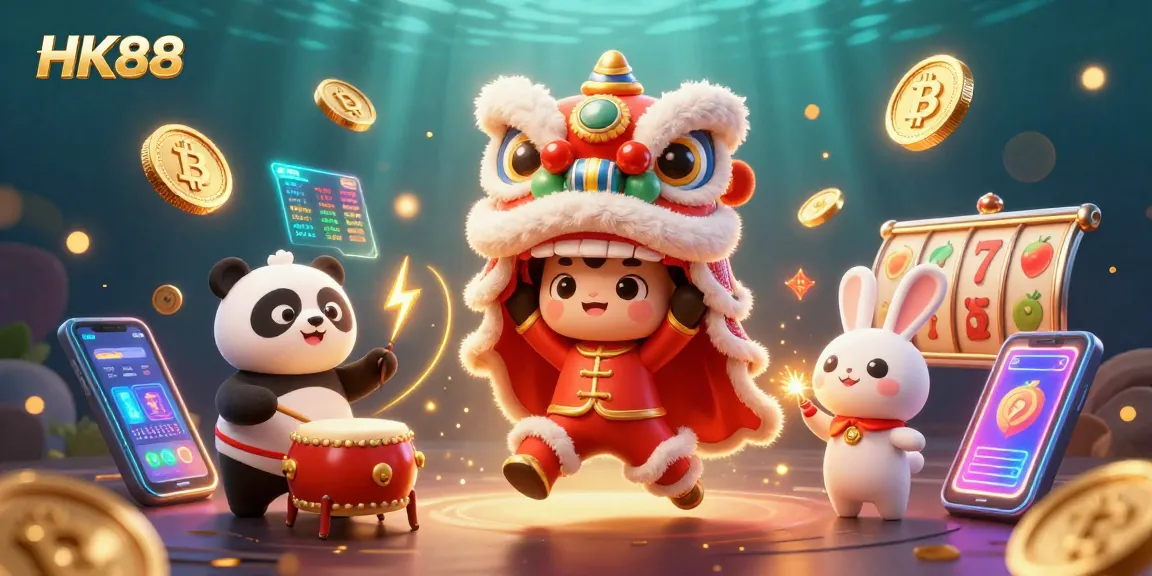 Engage in thrilling HK88 experiences with lively lion dance, crypto coins, and exciting slot game elements.