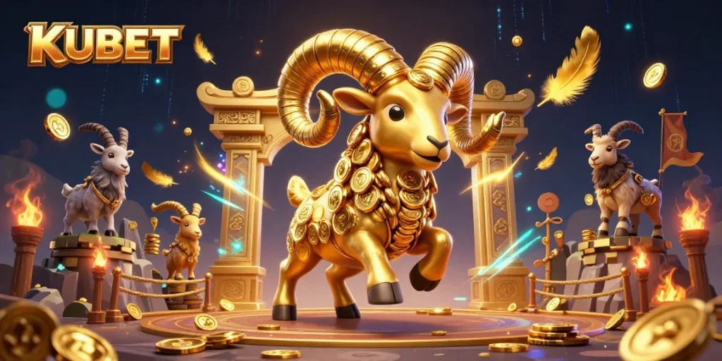 KUBET casino features a massive golden ram atop a golden gate in a vibrant, action-packed scene.