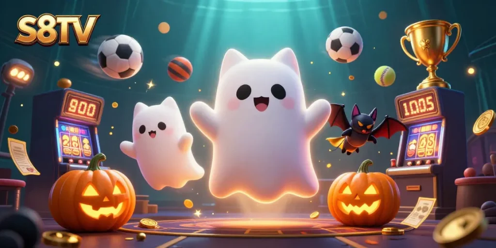 Experience thrilling moments with S8TV's dynamic sports betting scene featuring a ghost cat and bat.