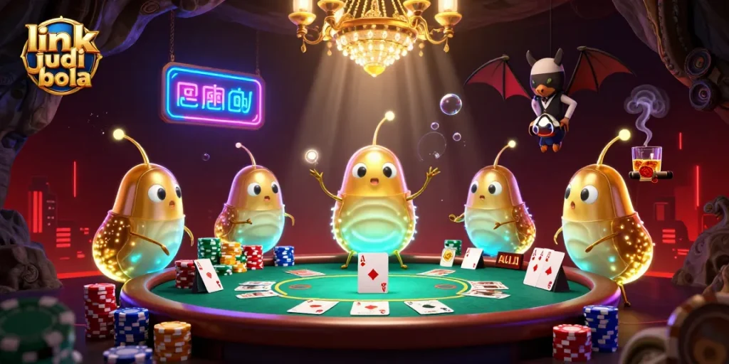 Join the vibrant link judi bola scene as cartoon glowworms illuminate a cave casino filled with poker elements.