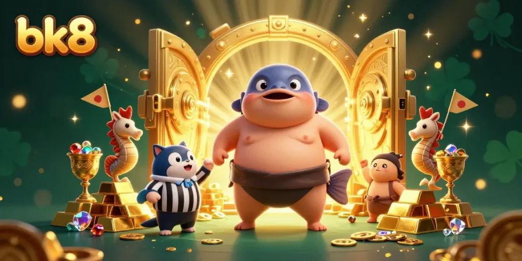 Experience bk8 with a dynamic underwater casino scene featuring a fugu, a referee catfish, and vibrant treasure elements.
