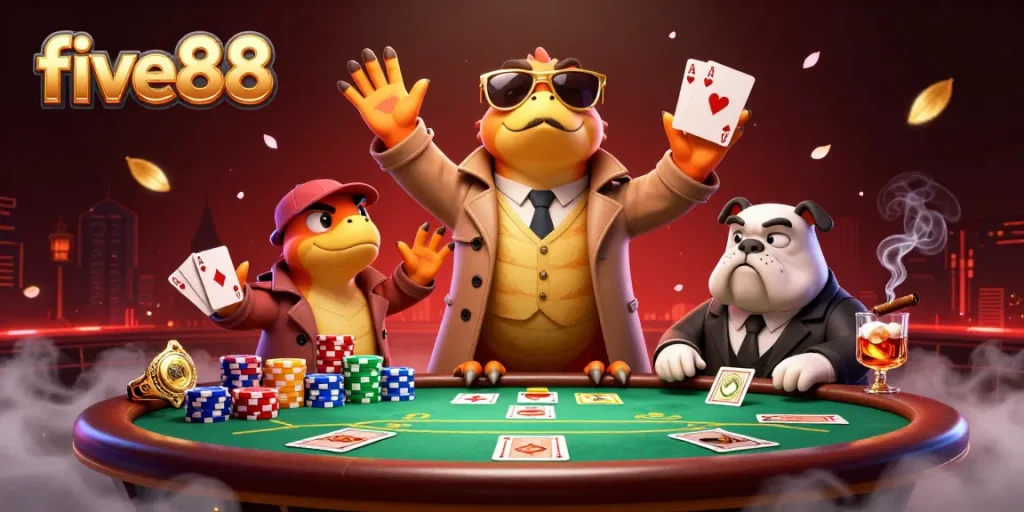 Engage with five88 in a vibrant casino scene featuring clever raptors and poker elements.