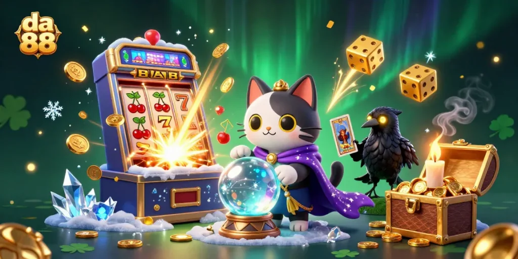 Experience the magic of gambling with da 88, featuring a mystical cat, a fortune-telling raven, and dynamic casino elements.